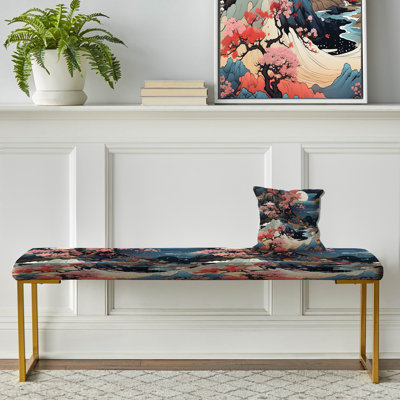Mountain Ukiyo E Landscapes - Japanese Upholstered Gold Bench