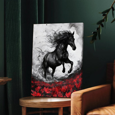 1 PC mural, affiche encadrée, superbe cheval noir, art mural abstrait, peinture à l'encre avec champ floral rouge, décoration moderne pour le salon, la chambre, le bureau, une œuvre d'art contemporaine unique, prête à être accrochée