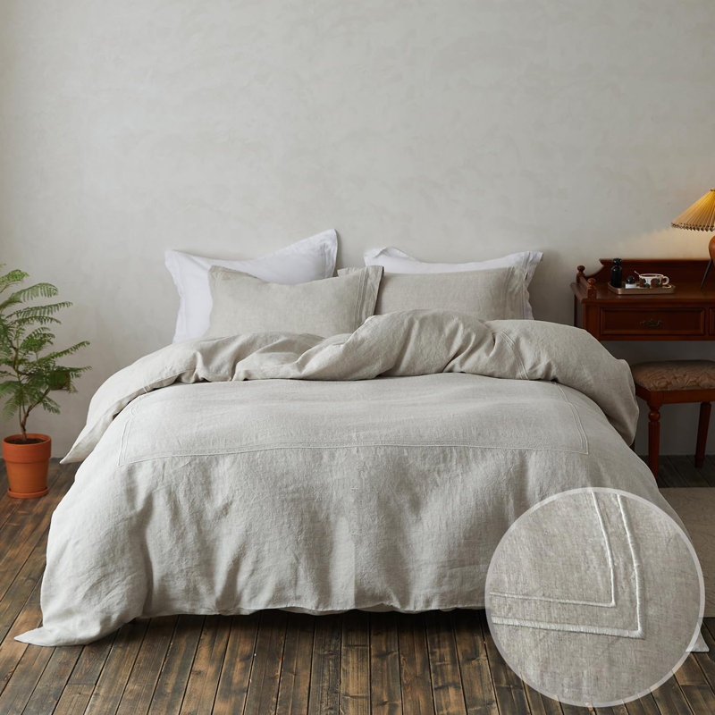 100% Washed Linen Duvet Cover Set-3 Pieces 1 Duvet Cover And 2 Pillowcases, King Duvet Cover + 2 King Shams, Embroidery Linen