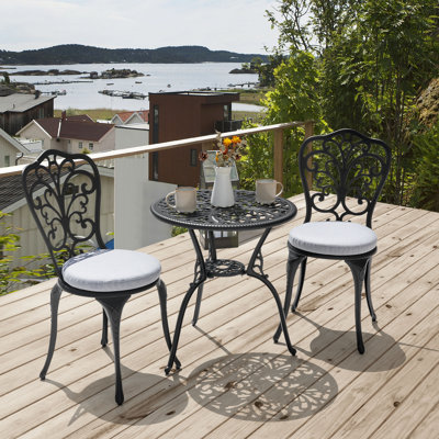 Outdoor 3-piece Bistro Set with 1.4'' Thick Cushions, Round 24 Inch Cast Aluminum Round Table with Umbrella Hole and Chairs for Patio,Black and Grey