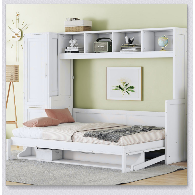 Lit escamotable avec placard et tiroirs - Lit escamotable - Rangement encastré peu encombrant, Blanc, Queen