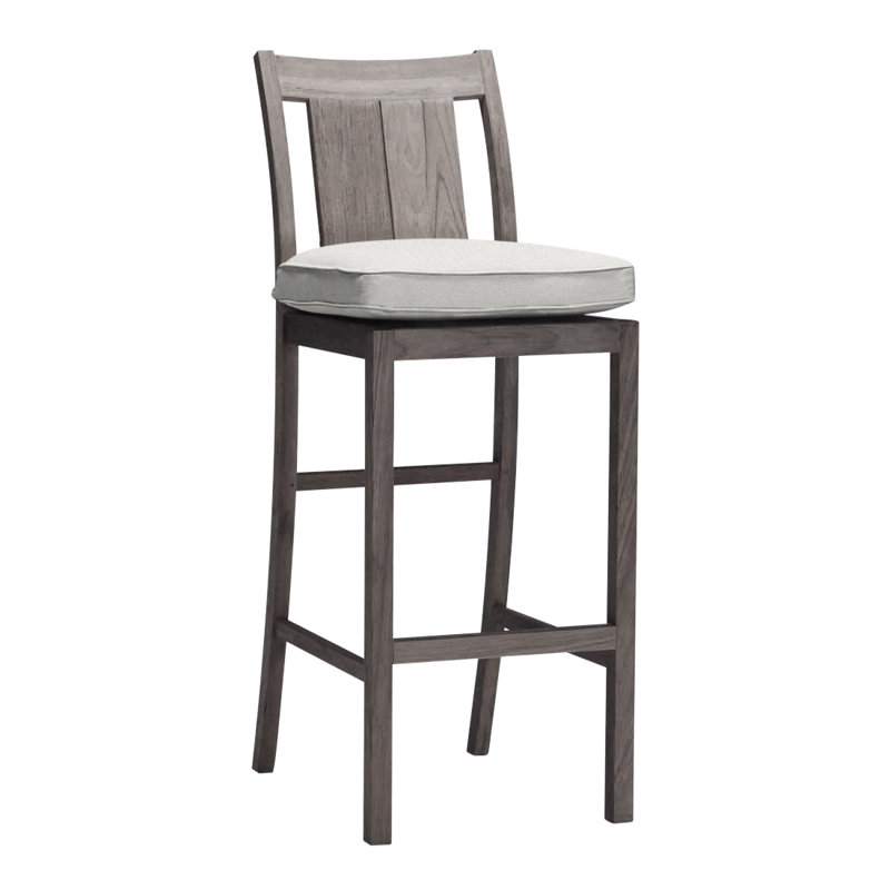 Croquet 24.5" Patio Bar Stool with Cushion, Rollo Chambray InsideOut® Linen, Welt, Oyster Teak