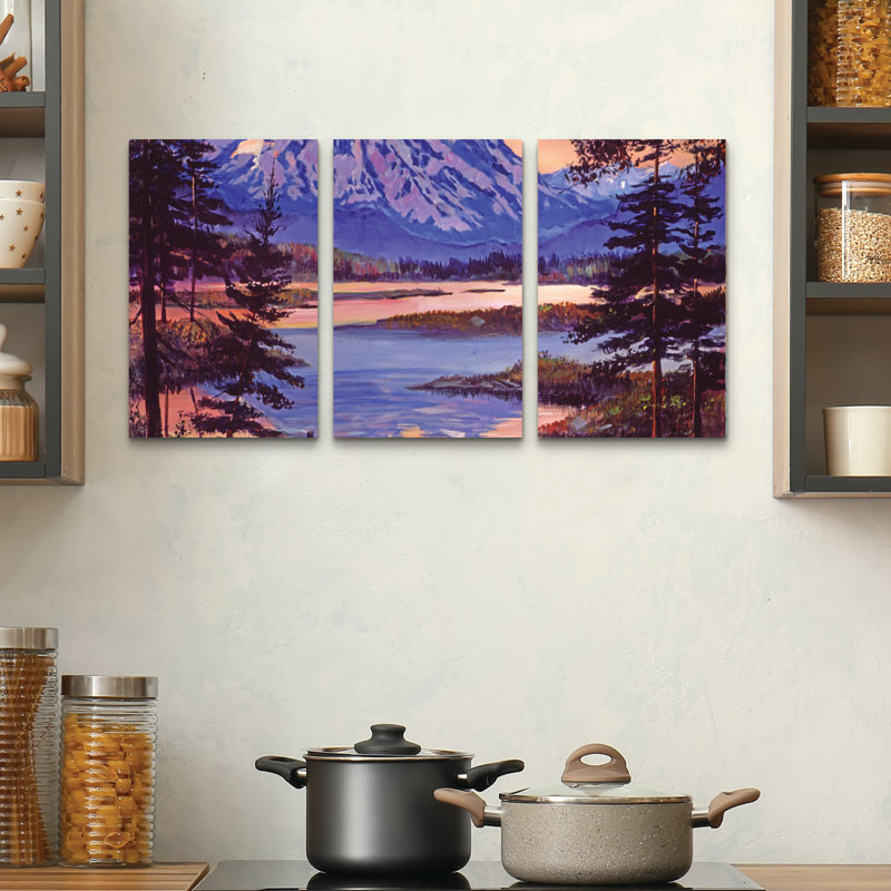 Ensemble de 3 panneaux - David Lloyd Glover «Mountain Lakeshore At First Light», art mural sur toile pour le salon, la chambre à coucher ou le bureau 