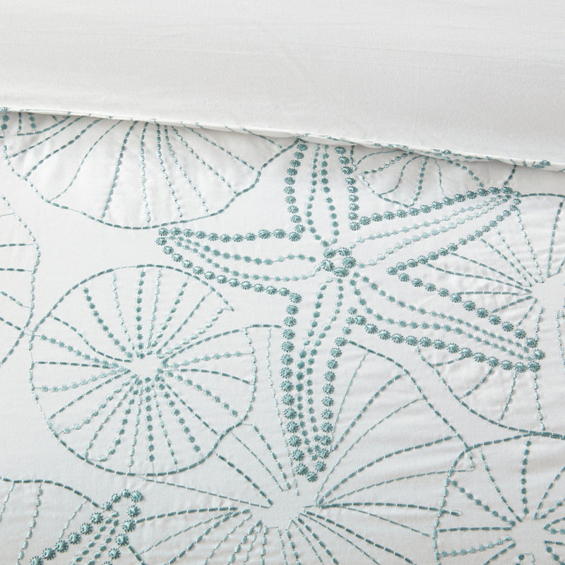 Édredon double en blanc - jupe de lit rembourrée 100% coton avec broderie sur le thème de la plage et 2 taies décoratives