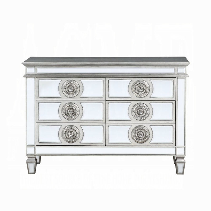 Montana 49"L Rectangular 6-Drawer Server in Mirrored and Antique Platinum,Office credenza,Buffet table,Buffet