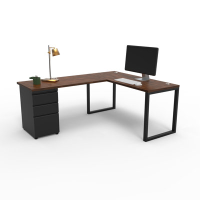 The City, Modern L-Shaped Office Desk for Office and Home, Walnut Block Top with Black Frame