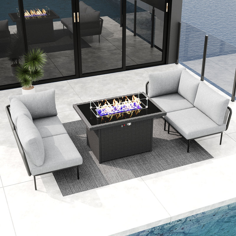 Outdoor Patio Woven Rope Wicker Modular 5 Pieces Sectional Set With Fire Pit Table And Cushions, Light Gray