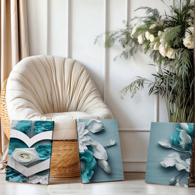 3 pièces d'art mural encadré, turquoise et blanc, ensemble d'art mural sur toile florale de 3 décorations modernes avec motif de cœur pour le salon, la chambre à coucher, la décoration intérieure, des impressions botaniques élégantes prêtes à ?