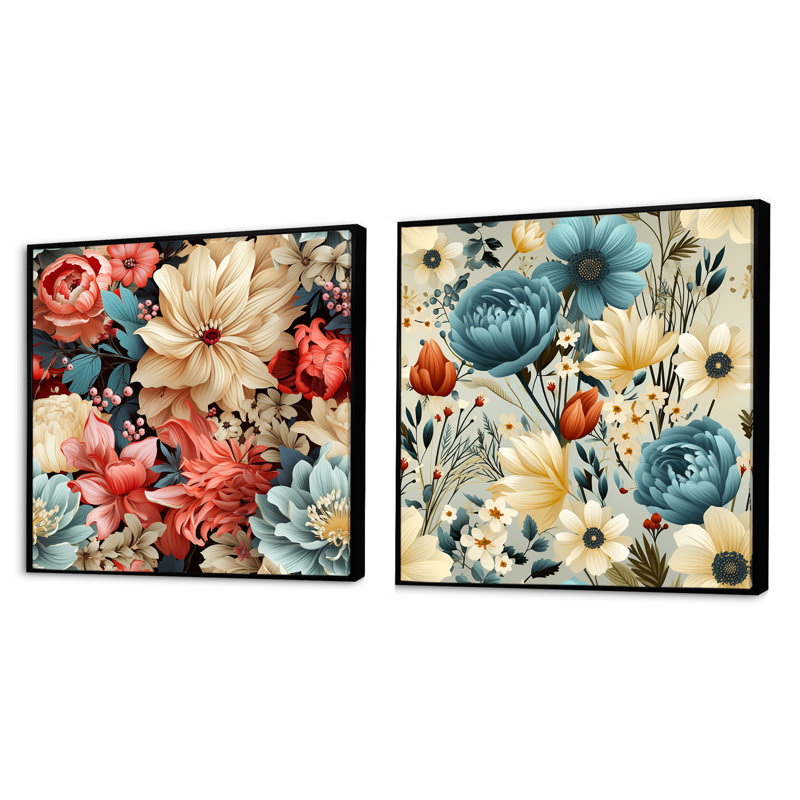 Rose, blanc et bleu Boho Floral Harmony - Ensemble de 2 collages floraux carrés, Cadre flottant noir, H 16 po x l 33 po