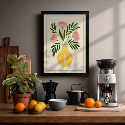 Pink Carnations, Yellow Vase Botanical - Framed Print
