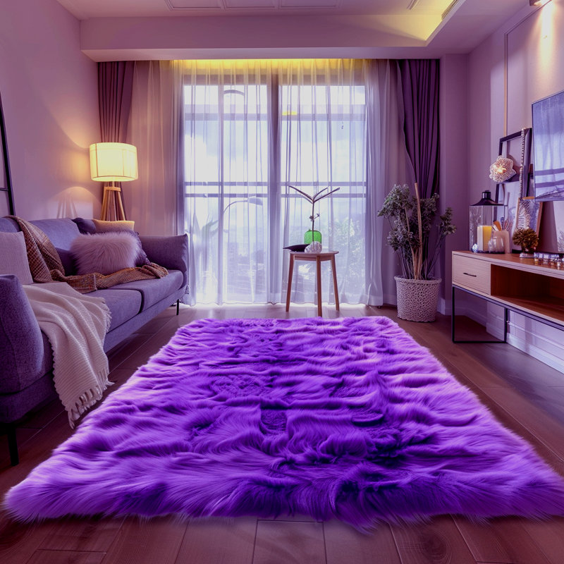 Tapis mauve en polyester tissé à la machine de couleur unie Rhonda, Rectangle 6 pi 7 po x 9 pi 10 po