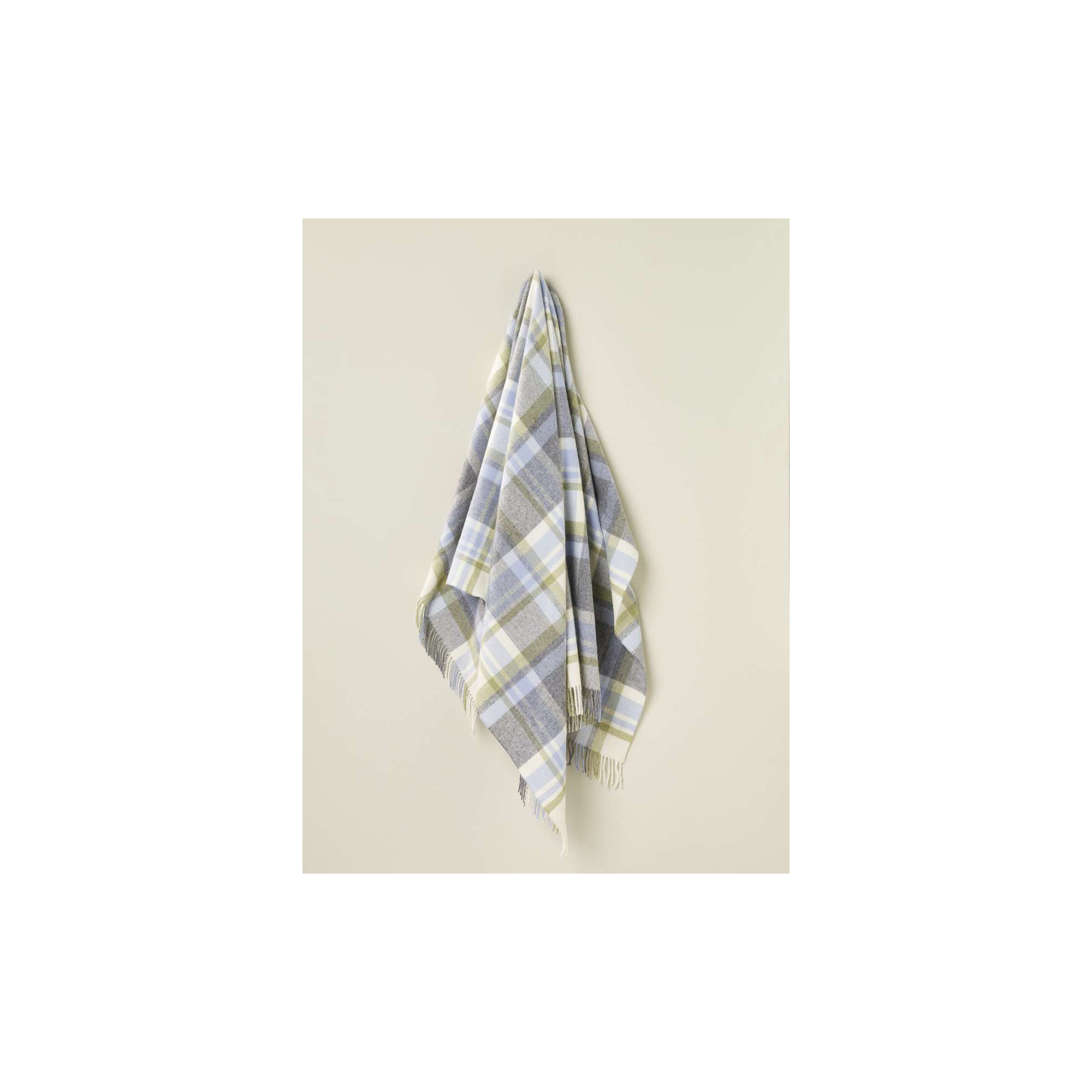 Merino Lambswool Throw/Blankets Hand Woven Blanket, Blue/Gray/Beige Checkered