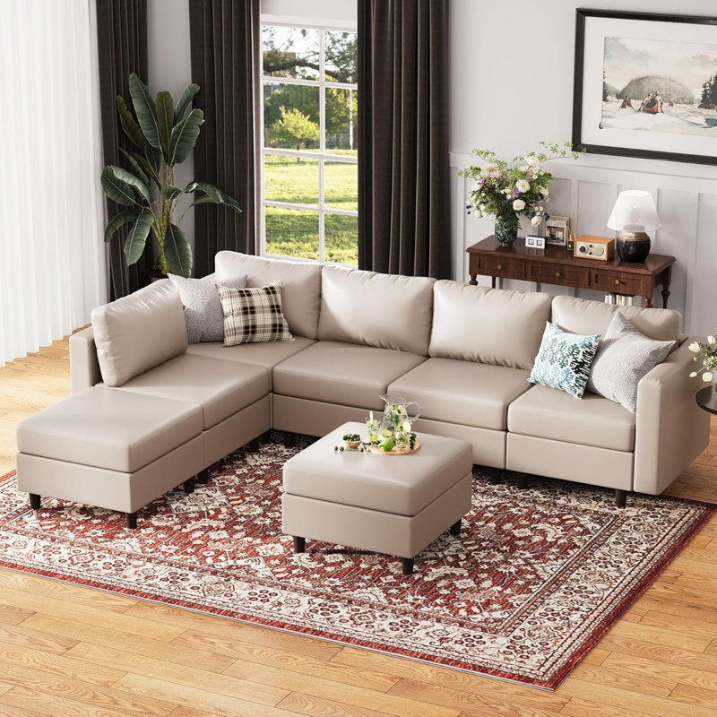 7-Piece 118.5'' Reversible Modern L-Shape Sectional Sofa With Storage Seat- Faux Leather-Light Gray, Light Gray Faux Leather