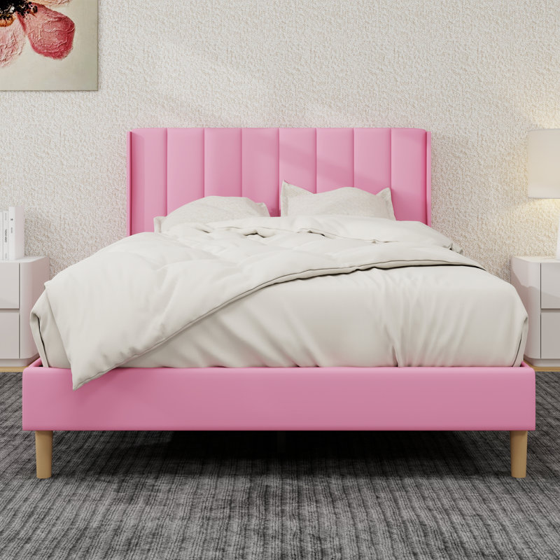 Upholstered Platform Bed Frame, Full, Pink