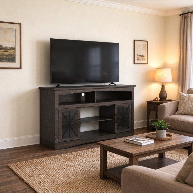 Meuble télé Lorraine de style ferme, brun, 120 cm de large, avec étagères réglables, portes vitrées et éclairage LED.