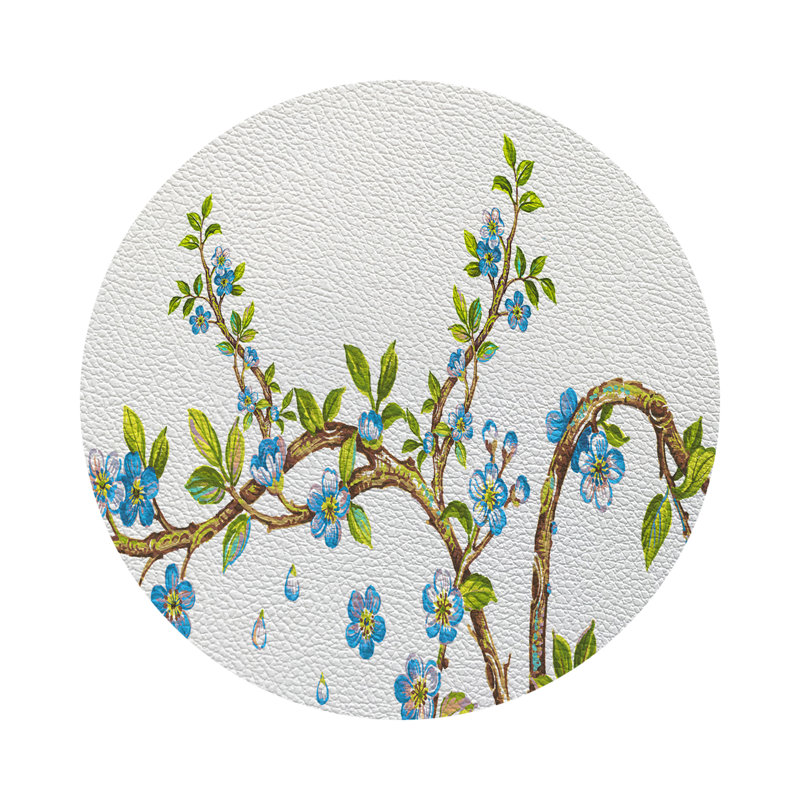 Cherry Blossom Red Vegan Leather Round Coasters, Blue