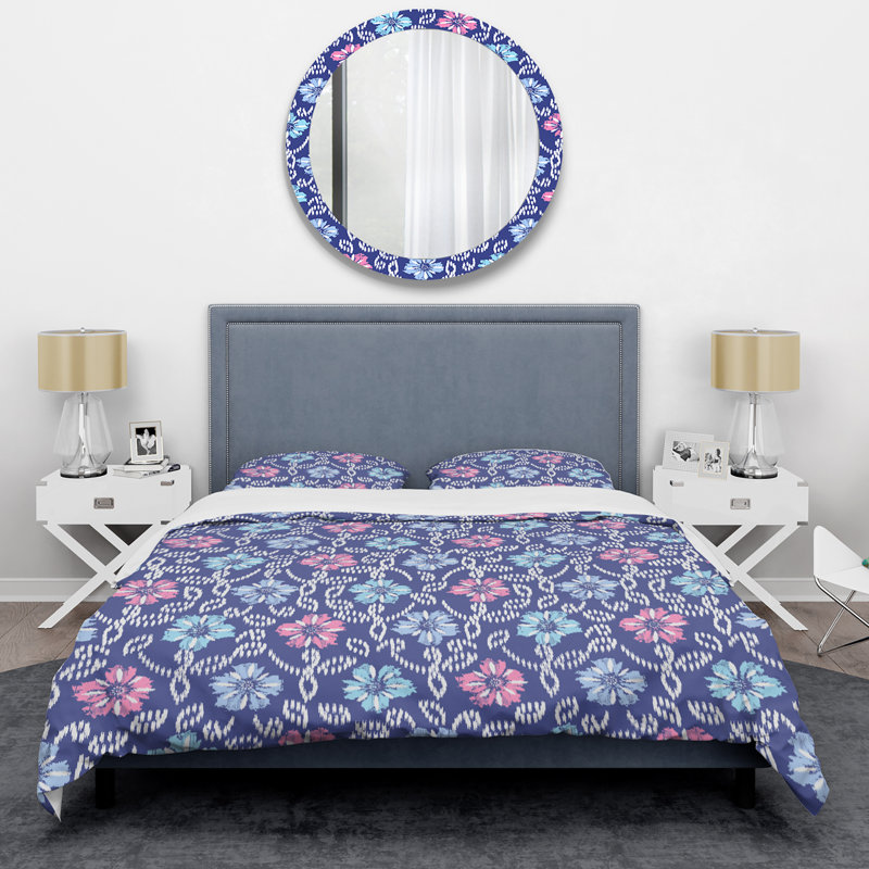 Fleurs bleues - Ensemble de housse de couette floral - Polyester microfibre, Housse de couette pour très grand lit et 2 très