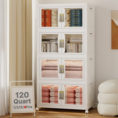 4‑Tier Stackable Foldable Storage Bins with Wheels & Magnetic Doors,120QT Collapsible Plastic Closet Organizer for Bedroom Dorm