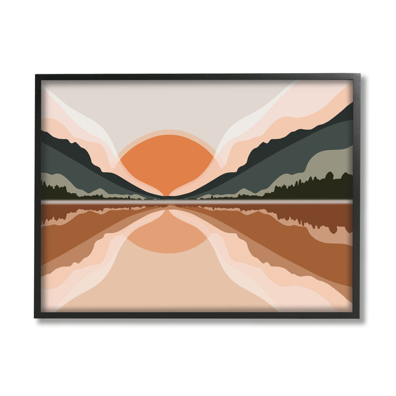 Misty lever de soleil géométrique vert montagne lac réflexion, H 30 po x l 24 po, Giclée encadrée noir minuit