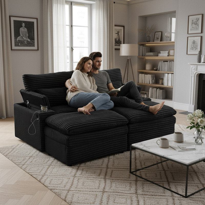 Canapé-lit modulaire convertible avec rangement, ports USB et porte-gobelets, Velours côtelé noir