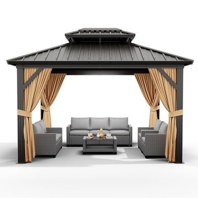 Pavillon rigide à toit double en aluminium 10 pi x 12 pi avec moustiquaire et rideaux - Toile de patio toutes saisons pour la cour et la pelouse
