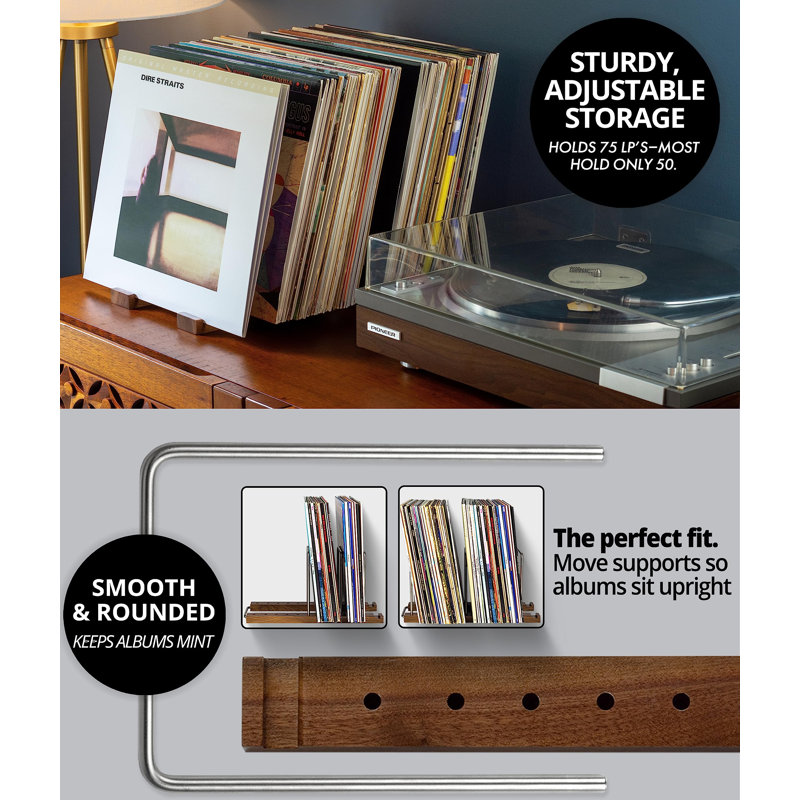 Support de rangement pour disques vinyles en vinyle pour 75 disques, support pour disques en noyer avec présentoir, organisateur d'albums moderne Mid-Century