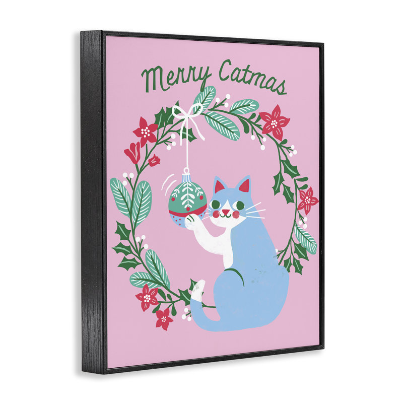 «Merry Christmas Pink Cat», art mural sur toile par Riley Hutchens, Giclée encadrée noir minuit, H 30 po x l 24 po