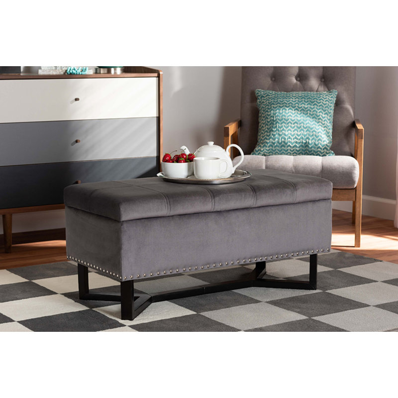 Repose-pieds de rangement rectangulaire en velours de 35 po de largeur Kishia, Velours gris