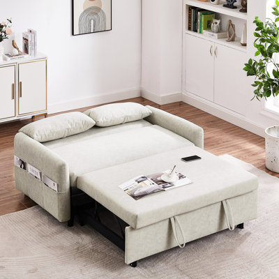 Beige Pull Out Sleep With Breathable Fabric, Ports - For Living Room Couch Adjustable , Ports, Storage Pockets & 2 Pillows Bedroom