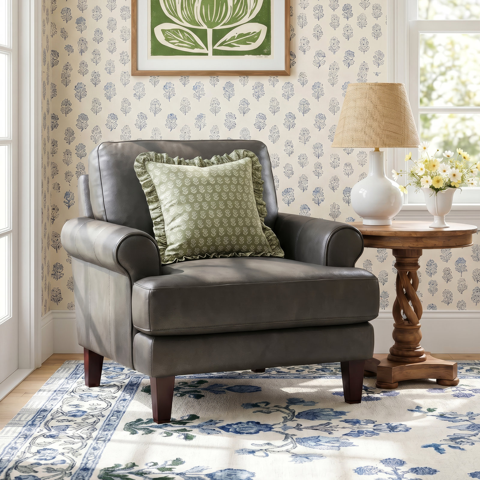 Maybell Genuine Leather Accent Chair, Maybell Dawn Concord Gray Genuine Leather