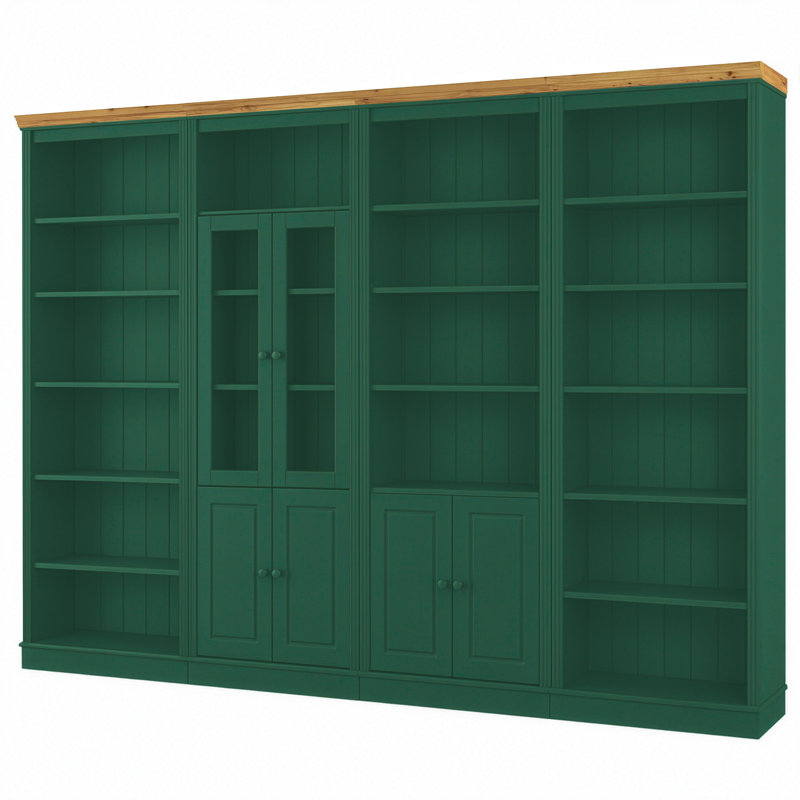 Fieldway Solid Wooden Library Bookcase H:223 W:296cm, Green/Honey