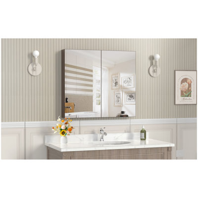 Armoire à pharmacie 32 * 28 avec miroir pour salle de bain, miroir de salle de bain mural avec rangement, tablettes réglables, cadre en aluminium, montage en surface jaune + corail