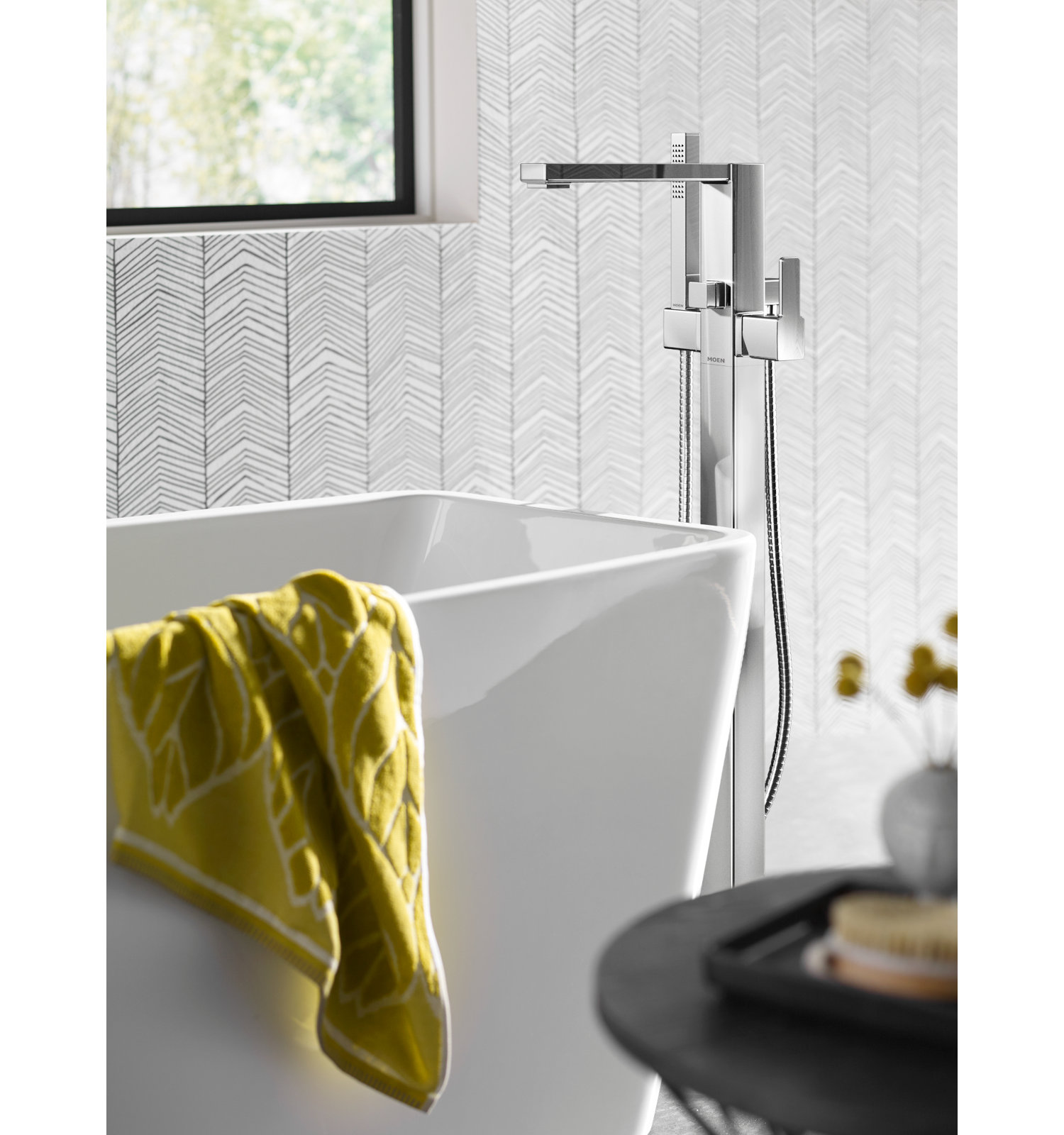90 Degree Freestanding Tub Faucet with Hand Shower, Chrome