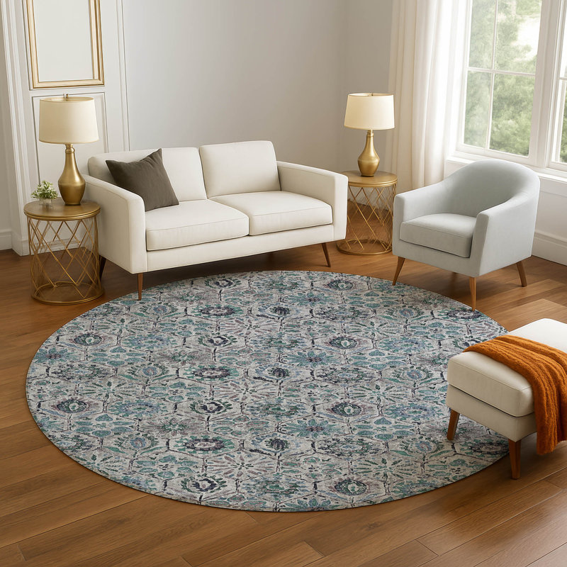 Premium Machine Washable Ralston AMF1938 Floral Rug, Round 8'