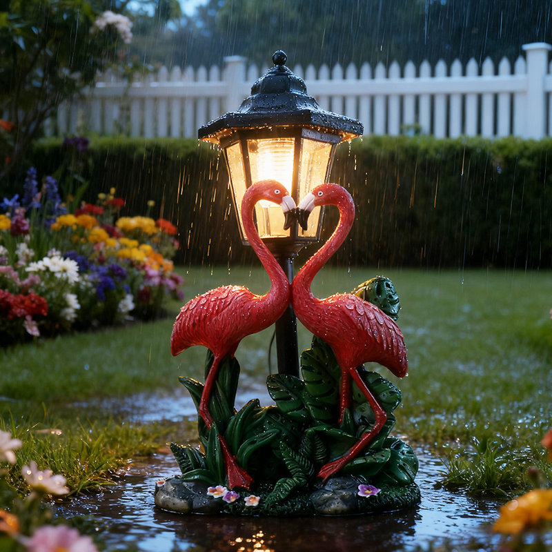 Statue solaire de jardin flamant avec lanterne, lumière solaire décorative extérieure en résine de 13,1 po, éclairage de paysage à DEL automatique et imperméable pour allée et patio, cadeau de pendaison de crémaillère