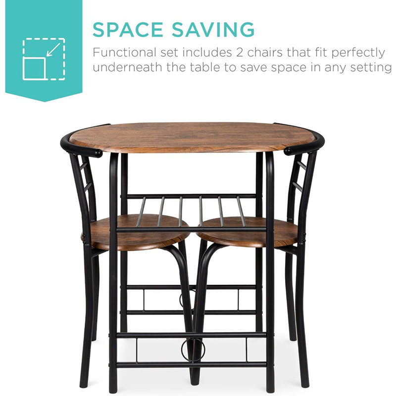 Ensemble de table ronde et de chaises en bois 3 pièces pour la cuisine, la salle à manger, l'espace compact avec cadre en acier, support à vin intégré