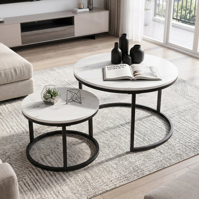 Modern Round Nesting Coffee Table Set of 2 with White Faux Marble Top and Metal Frame for Living Room