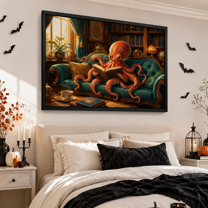 «Orange Octopus», lecture sur canevas bleu sarcelle capitonné, art mural d'Halloween, H 16 po x l 24 po