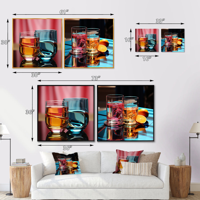 Verrerie abstraite - ensemble de 2 verres carrés, Cadre flottant noir, H 30 po x l 61 po
