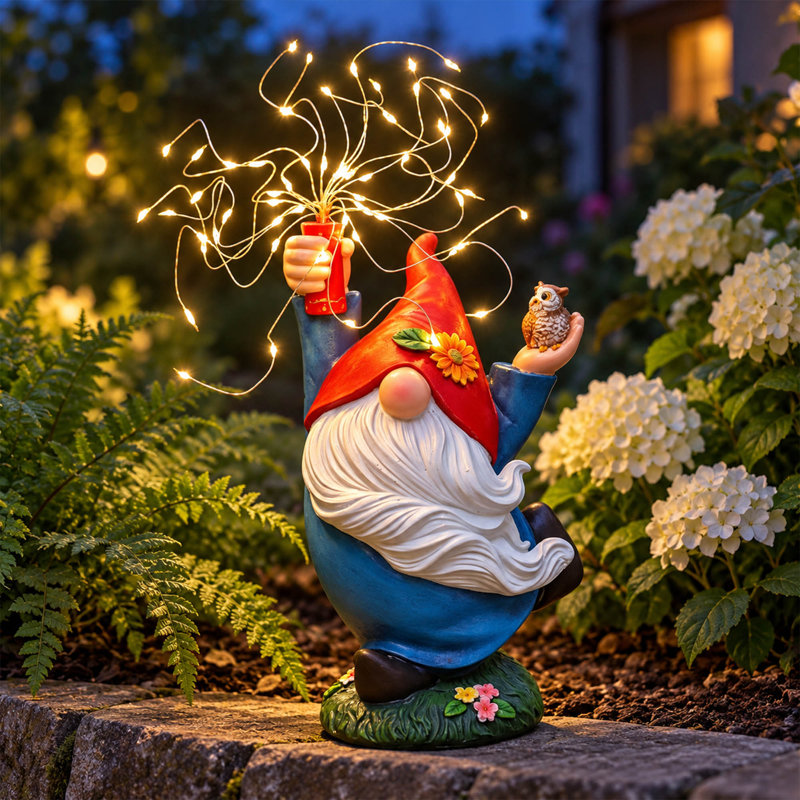 Solar Garden Gnome Statue with Owl and Firework LED Lights