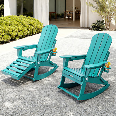 HDPE Adirondack Folding Rocking Chair With Retractable Ottoman And Cup Holders