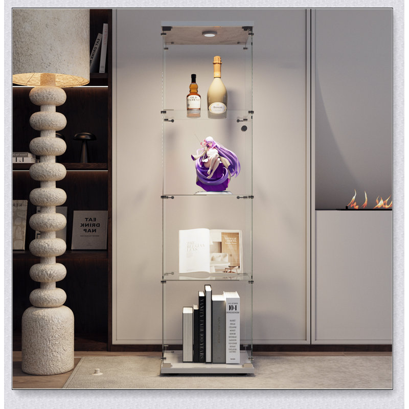 LED lights  Glass Display Cabinet 4 Shelves with Door, Floor Standing Curio Bookshelf, White