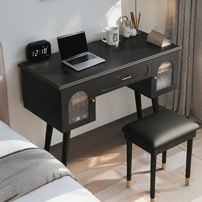 Vanity Makeup Table & Chair Set with Spacious Storage and Built-in Power Strip, Perfect for Organized Beauty Routines by Corrigan Studio