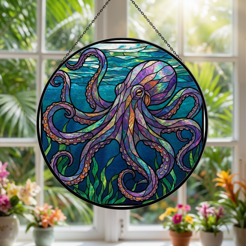 7.8"H Octopus Ocean Stained Glass Window Panel, 7.8" H x 7.8" W