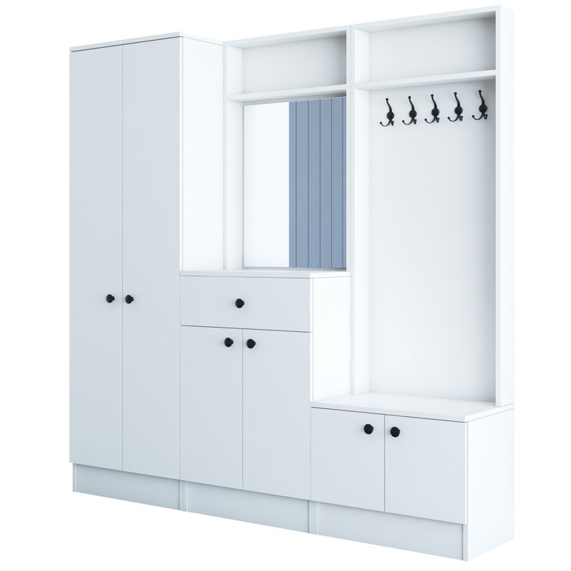 Stylish Hall Stand with Mirror, White, 70.7 x 72.0 x 14.7 inches | 100% Melamine Coated Particle Board, Thickness: 0.7 inches | 1 Drawer, Multipurpose Hanging Rack, Numerous Shelves, Wall-Mountable Design
