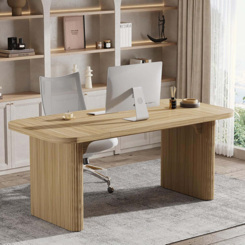 Modern Executive Desk, Large Home Office Computer Workstation With Sturdy Double Pedestal Base, Simple Rectangular Writing & Study Table