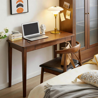 Compact Office Desk with Storage Drawer - Solid Rubberwood Writing Table for Small Spaces