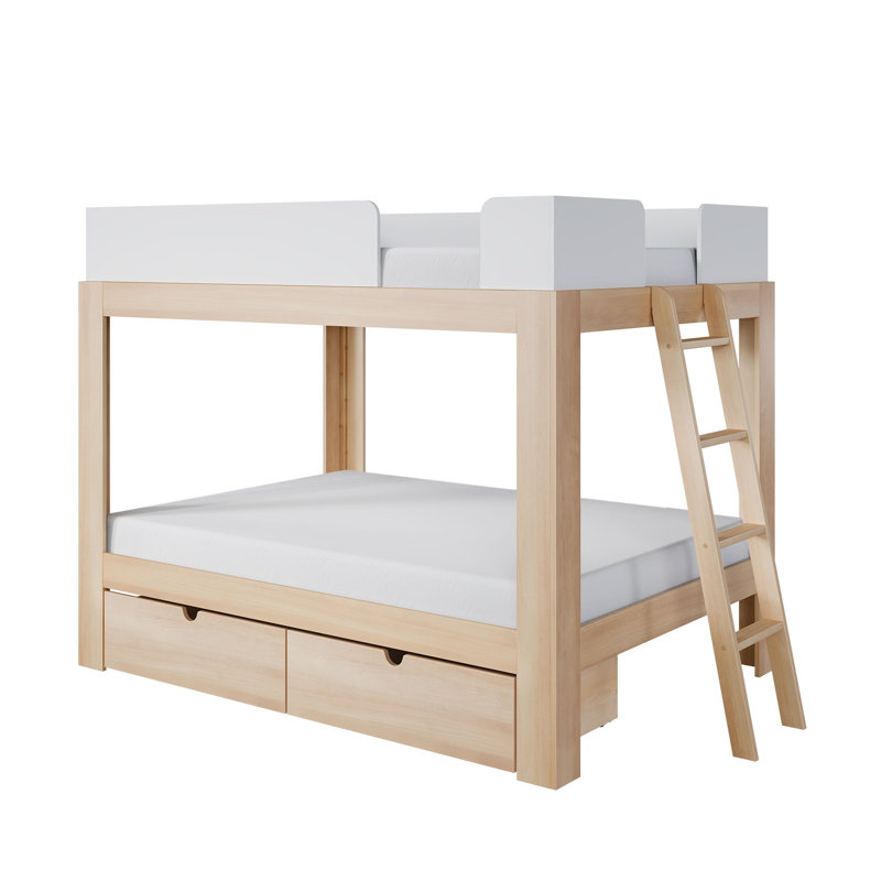 Mid-Century Modern Full Over Full Bunk Bed with Storage Drawers, Blonde/White