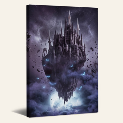 «Floating Castle On Rocky Island with Glowing Blue Halloween», art mural sur toile