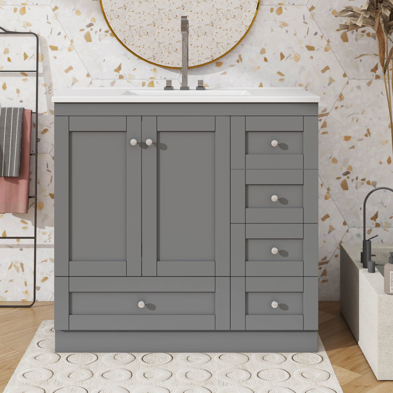 Meuble-lavabo 36 po avec lavabo en céramique et unité de rangement à tiroirs, Gris